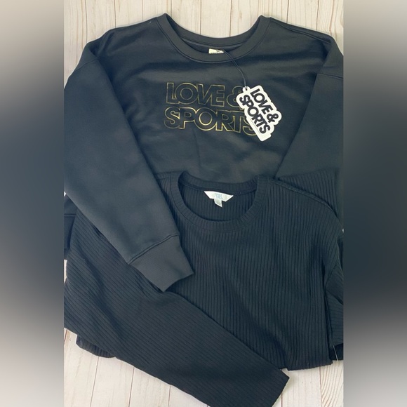 Tops - Lot of 2 Cropped Size L 12-14 Black Long Sleeve Tops Sweatshirt & Ribbed Shirt